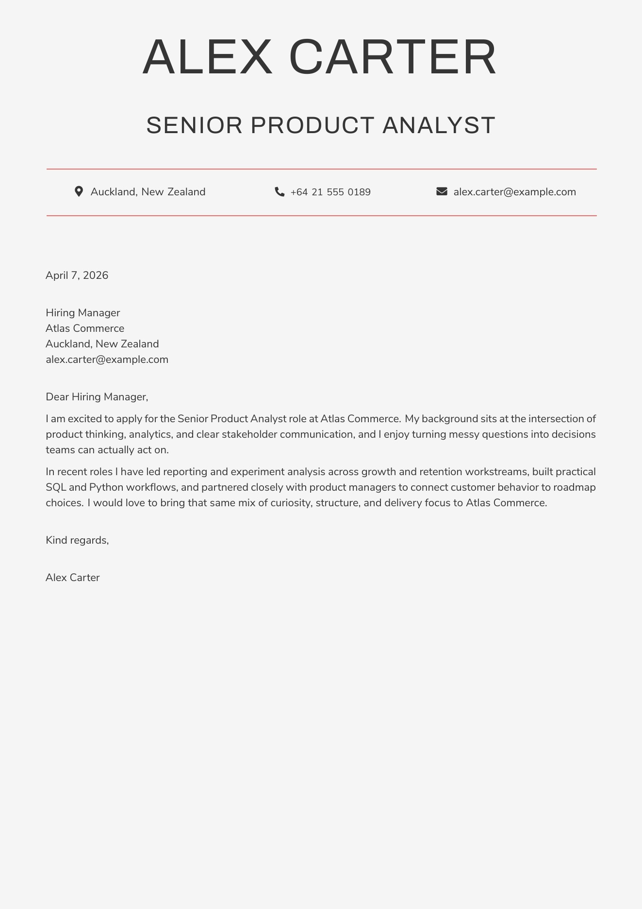 CVBuilder Coral Letter cover letter template preview for tailored job applications