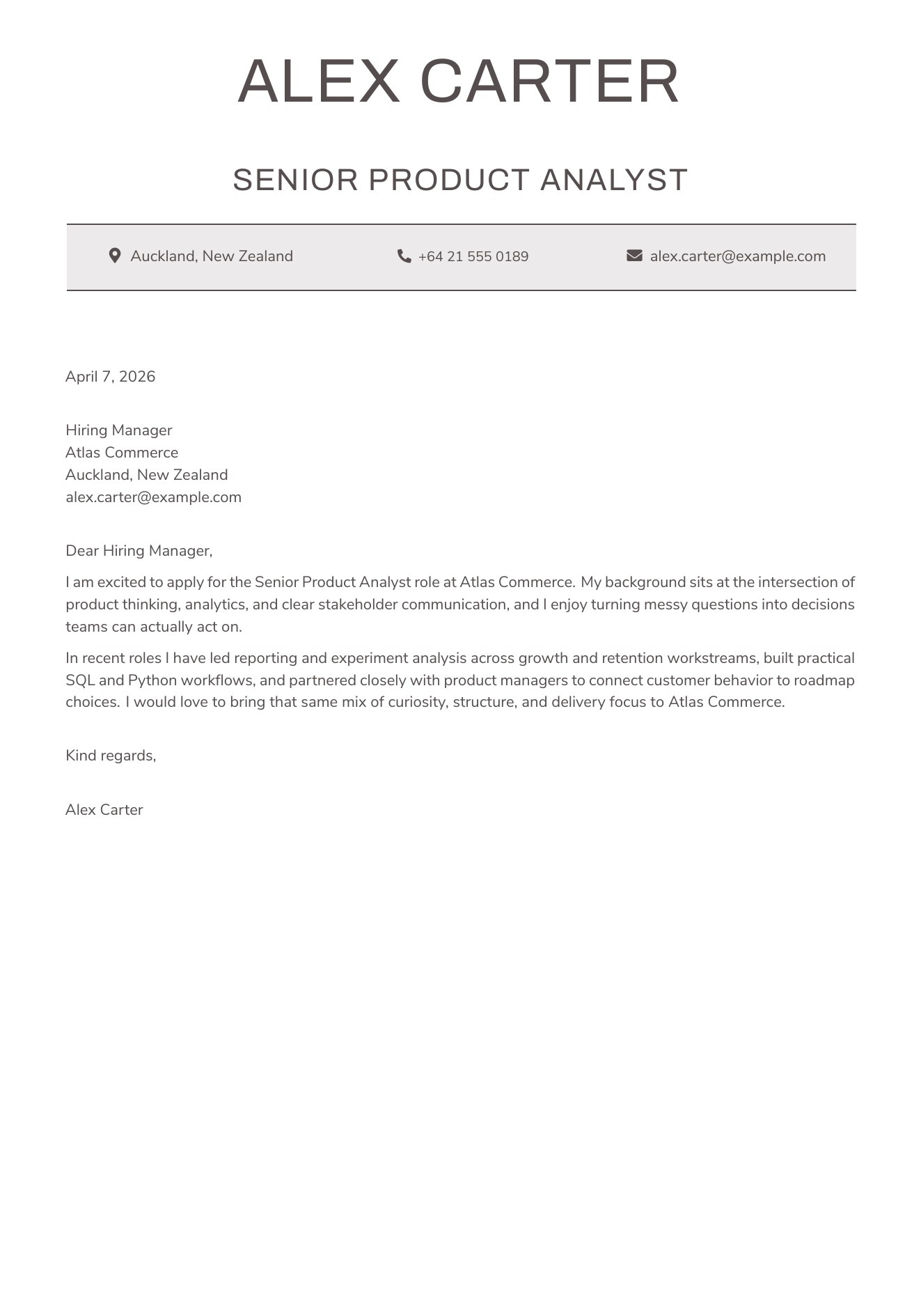 CVBuilder Framed Letter cover letter template preview for tailored job applications