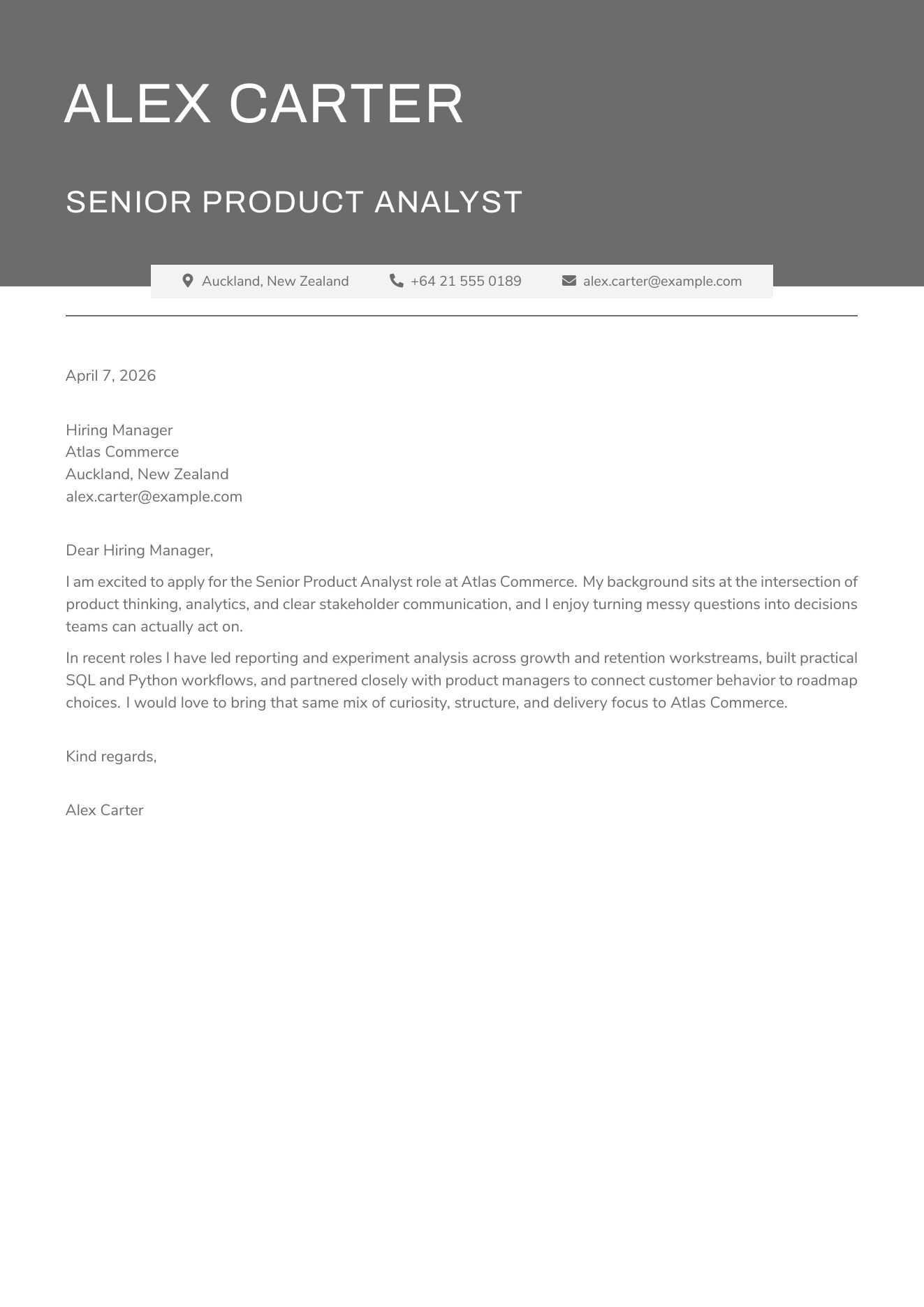 CVBuilder Gray Letter cover letter template preview for tailored job applications