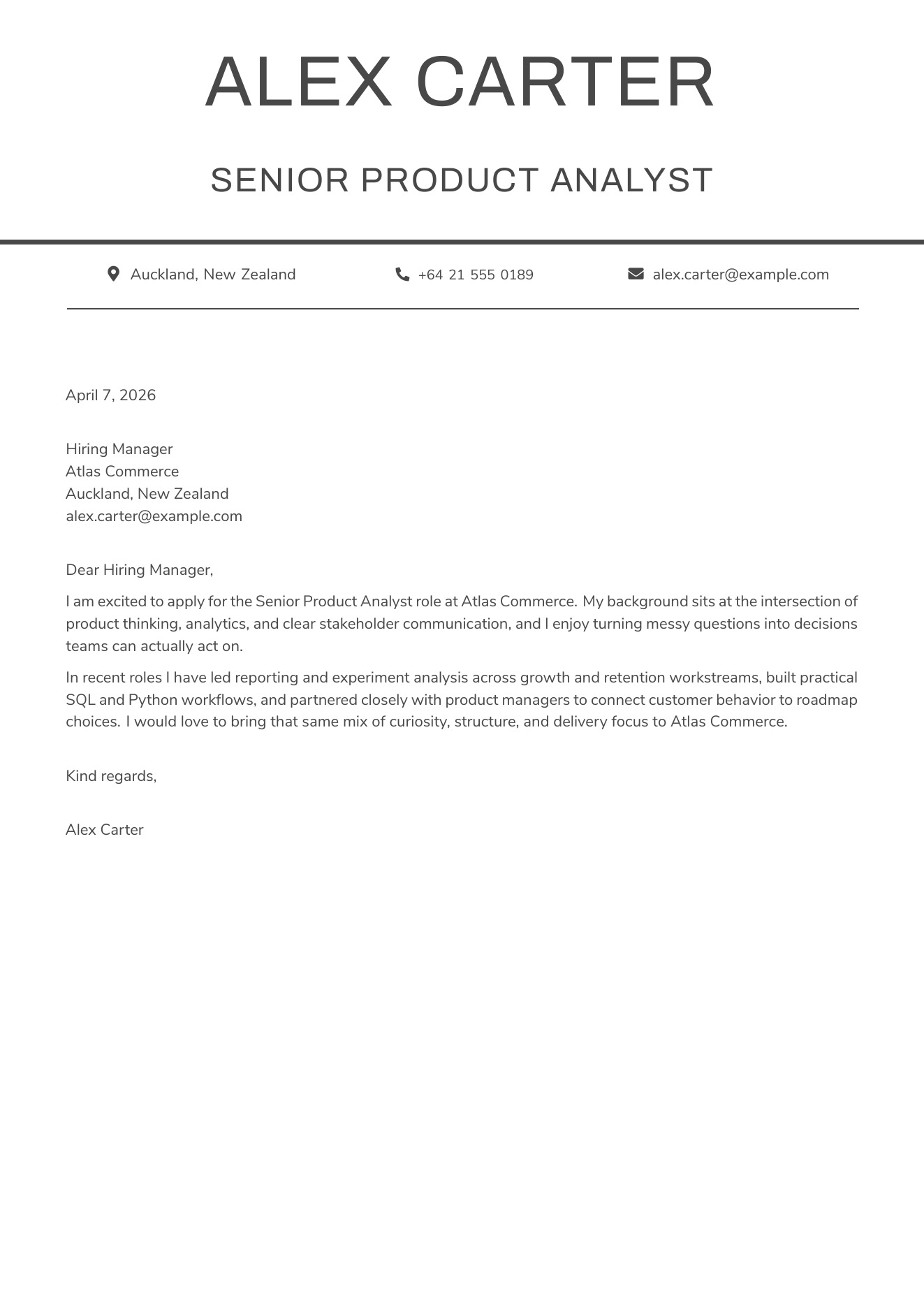 CVBuilder Minimal Letter cover letter template preview for tailored job applications