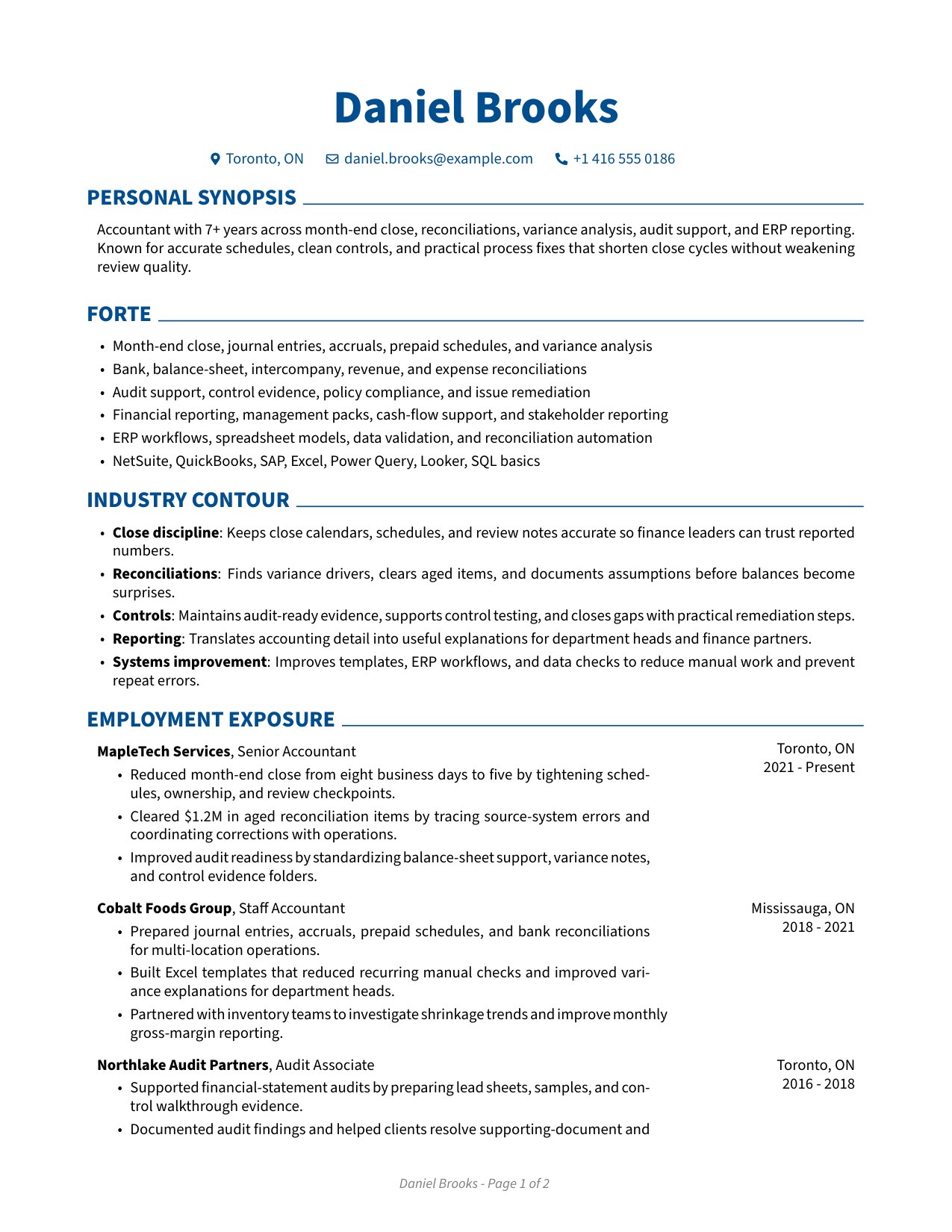 Accountant resume preview with month-end close, reconciliations, audit support, controls, ERP reporting, and financial process improvements tailored in JobSpidey
