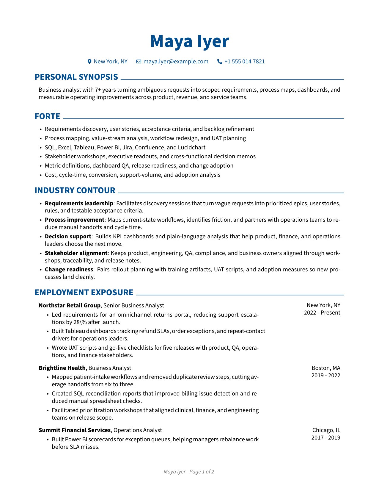 Business analyst resume preview with requirements, process mapping, dashboards, UAT planning, stakeholder alignment, and measurable workflow improvements tailored in JobSpidey