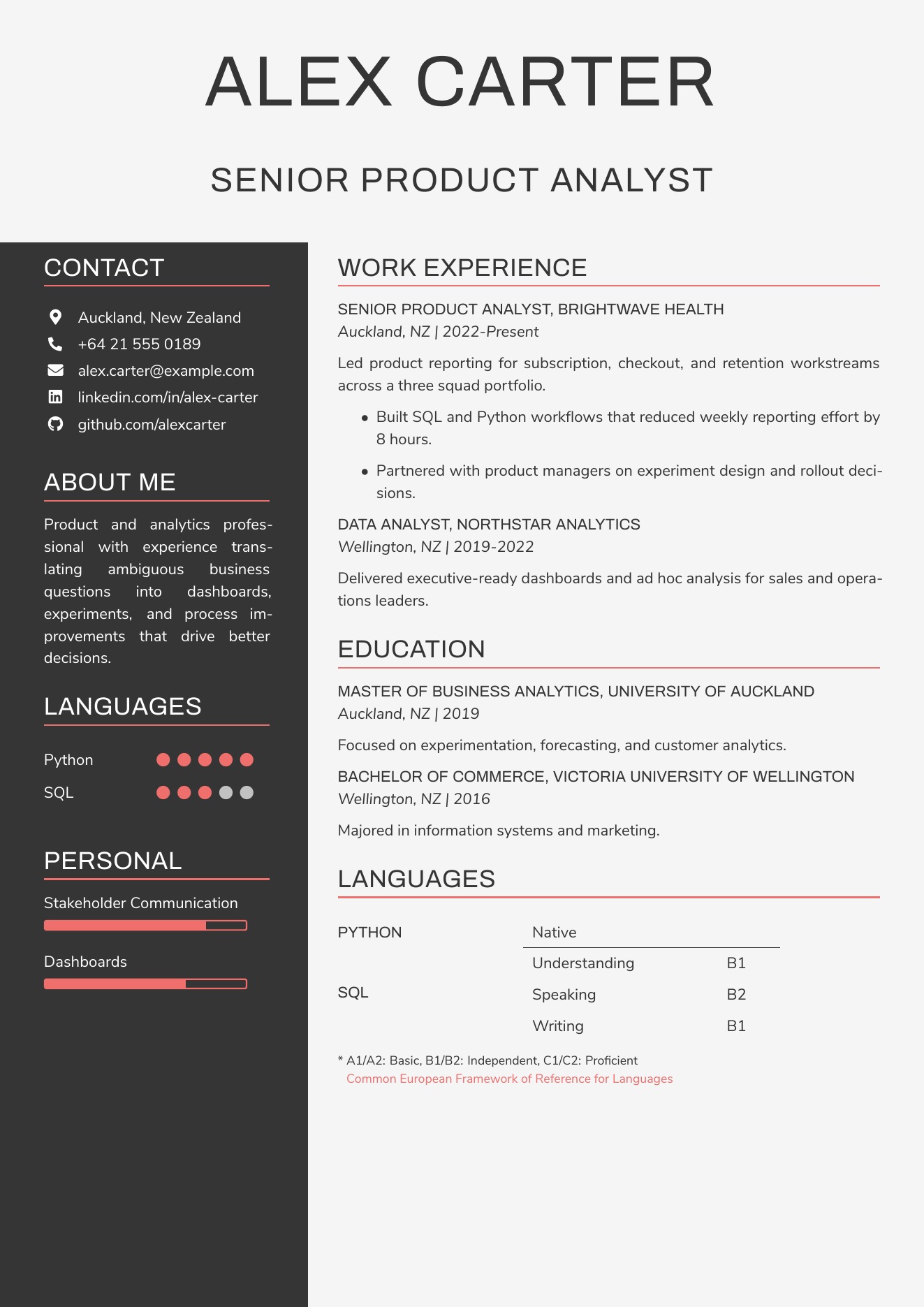 CVBuilder Coral resume template preview for ATS-friendly job applications