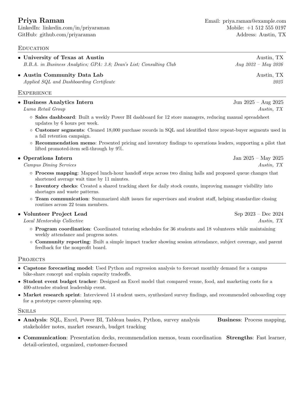 Graduate resume preview with education, internships, projects, volunteer leadership, and early career skills tailored in JobSpidey