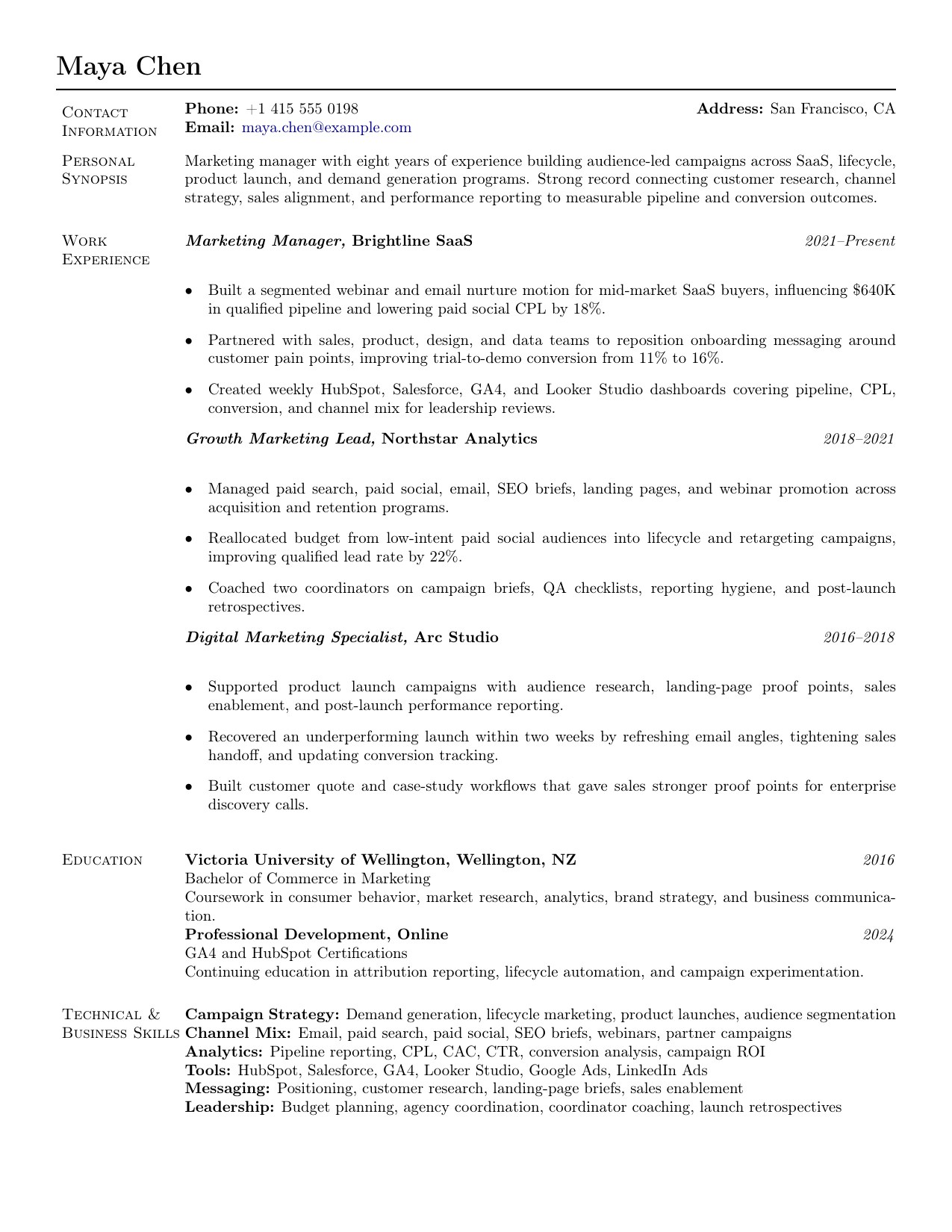 Marketing manager resume preview with campaign strategy, pipeline metrics, and channel performance tailored in JobSpidey