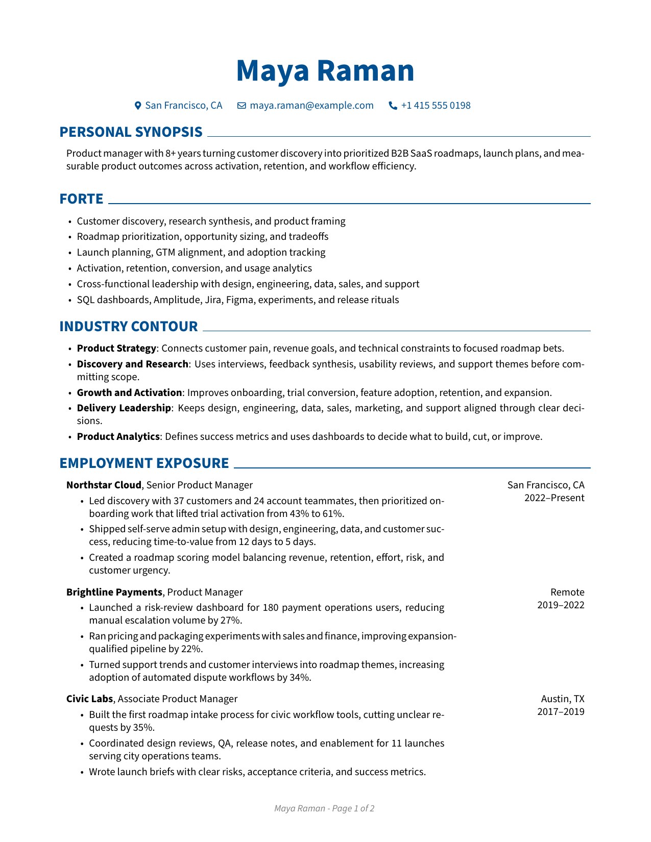 Product manager resume preview with roadmap, discovery, launch, and activation metrics tailored in JobSpidey
