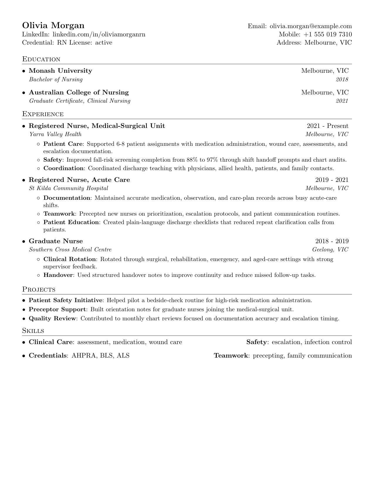 Registered nurse resume preview with clinical care, patient safety, documentation, discharge teaching, precepting, credentials, and teamwork tailored in JobSpidey