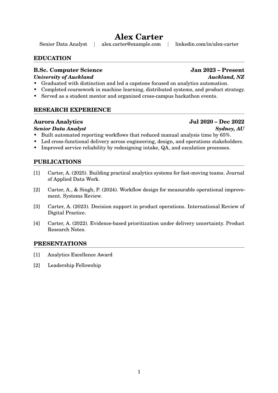 Rover Academic Few resume template preview for ATS-friendly job applications