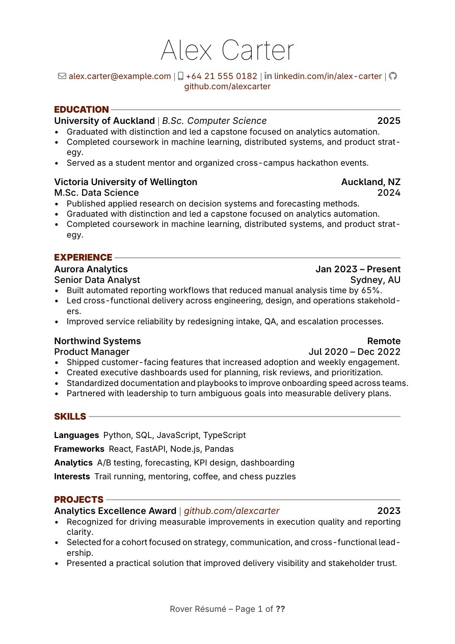 Rover Fancy resume template preview for ATS-friendly job applications