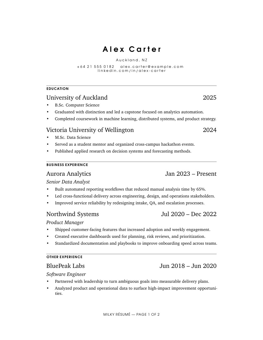 Rover Milky resume template preview for ATS-friendly job applications