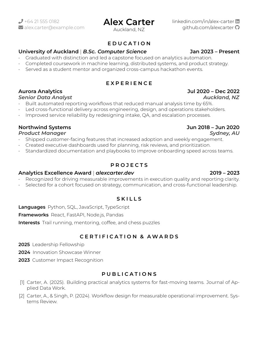 Rover Legacy resume template preview for ATS-friendly job applications