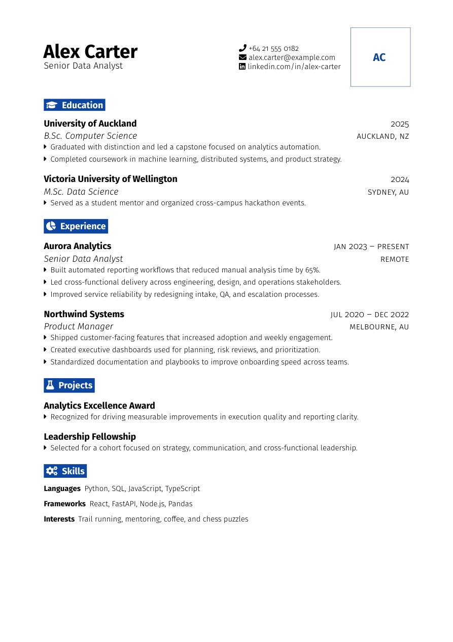 Rover Office resume template preview for ATS-friendly job applications