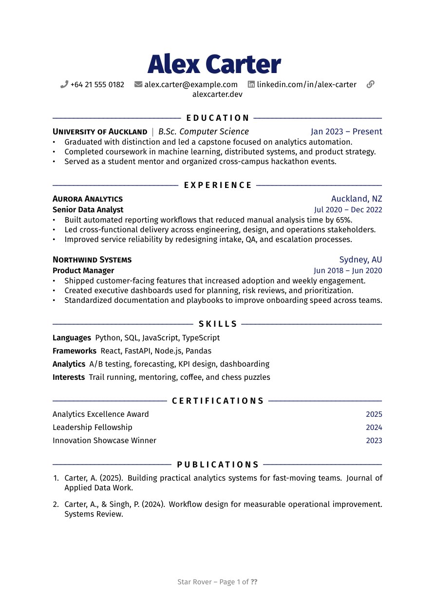 Rover Star resume template preview for ATS-friendly job applications