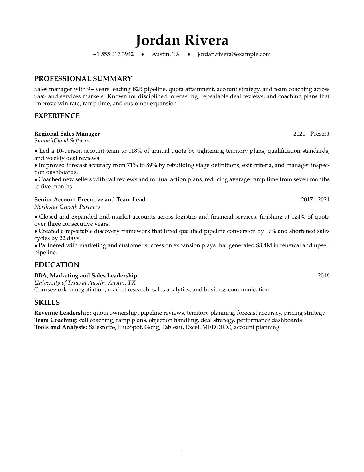 Sales manager resume preview with quota attainment, pipeline reviews, forecasting discipline, team coaching, revenue growth, and account strategy tailored in JobSpidey