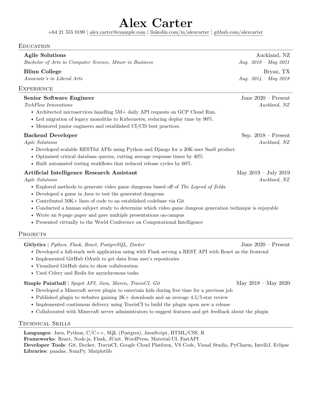 Software engineer resume template preview with a clean summary, technical skills, and project evidence
